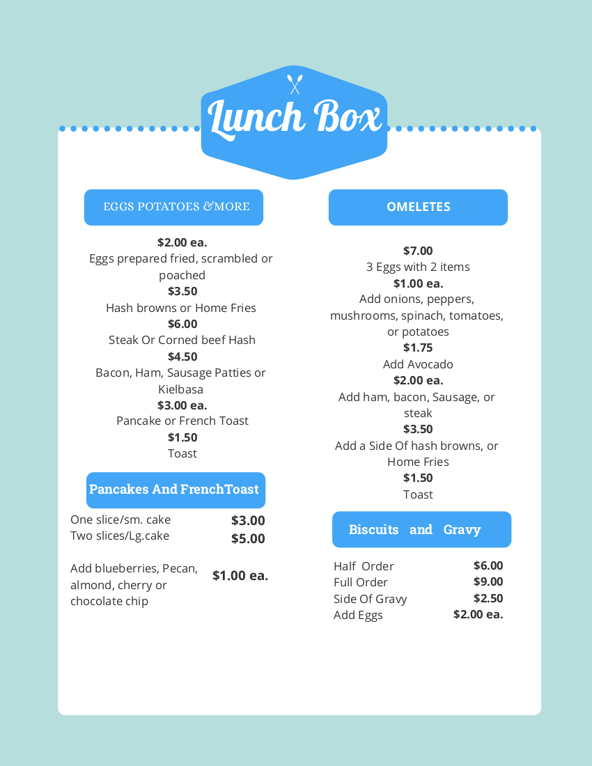 Lunch Box Menu Page 1